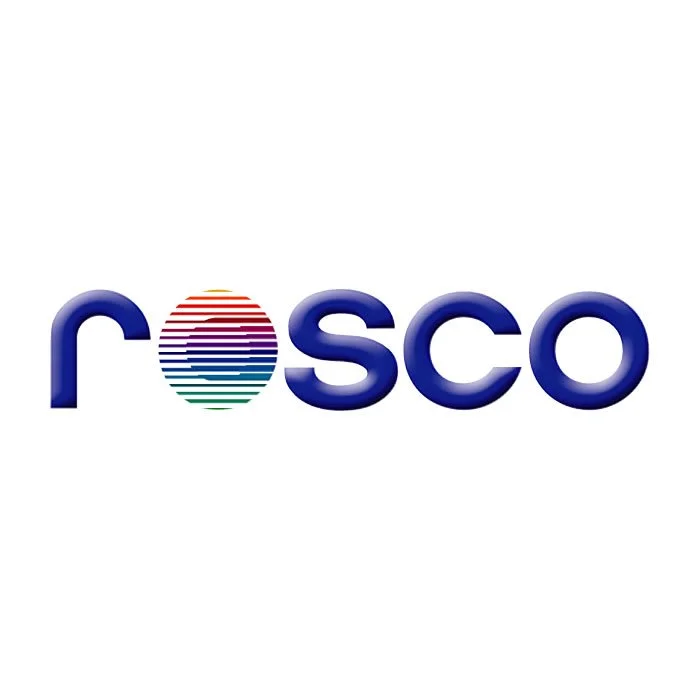 Logo with the word 'rosco' in blue letters, with the 'o' replaced by a multicolored striped sun or globe.