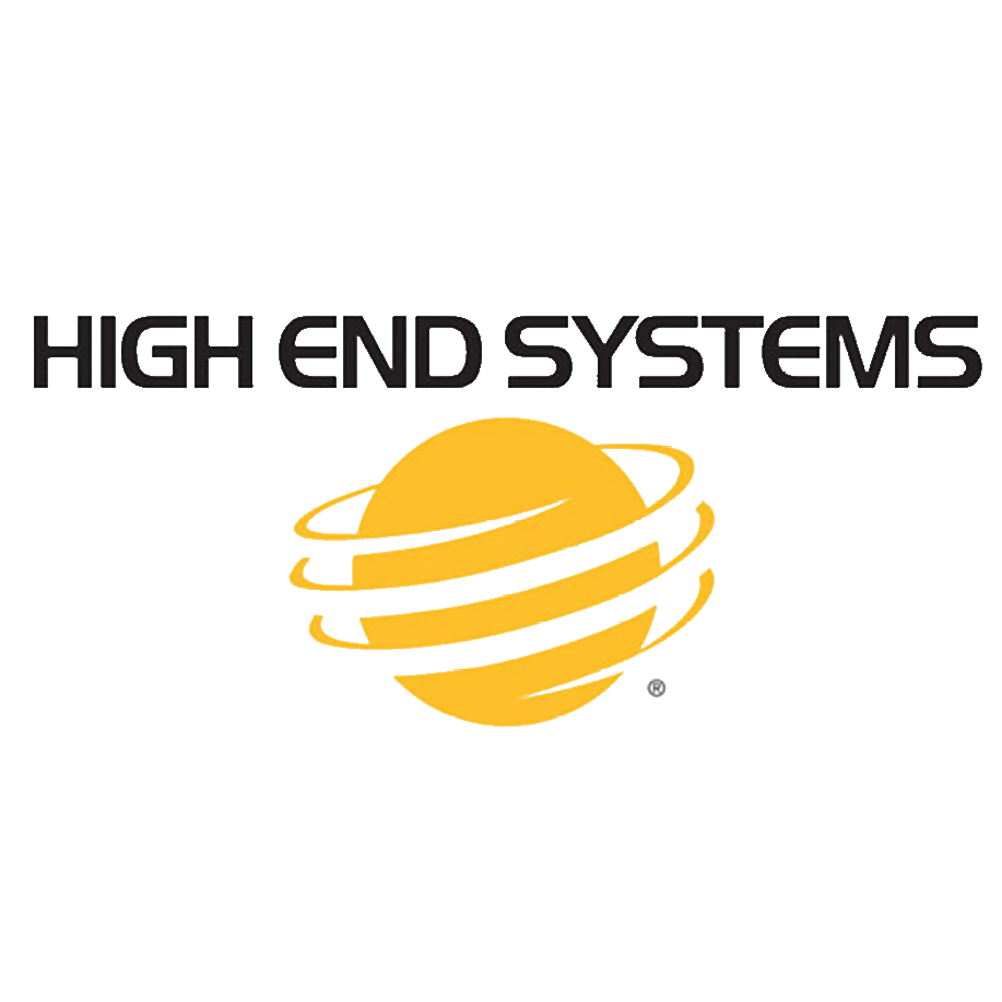 Logo for High End Systems featuring a yellow globe with swirling lines and the company name in black text above the globe.