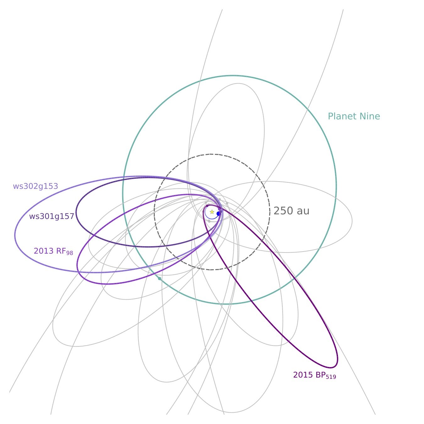 描绘遥远的太阳系。海王星的轨道是中心那个蓝色的小圆。暗能量巡天发现的极端TNOs用紫色表示，而其他巡天发现的极端TNOs用浅灰色表示。第九行星的提议…