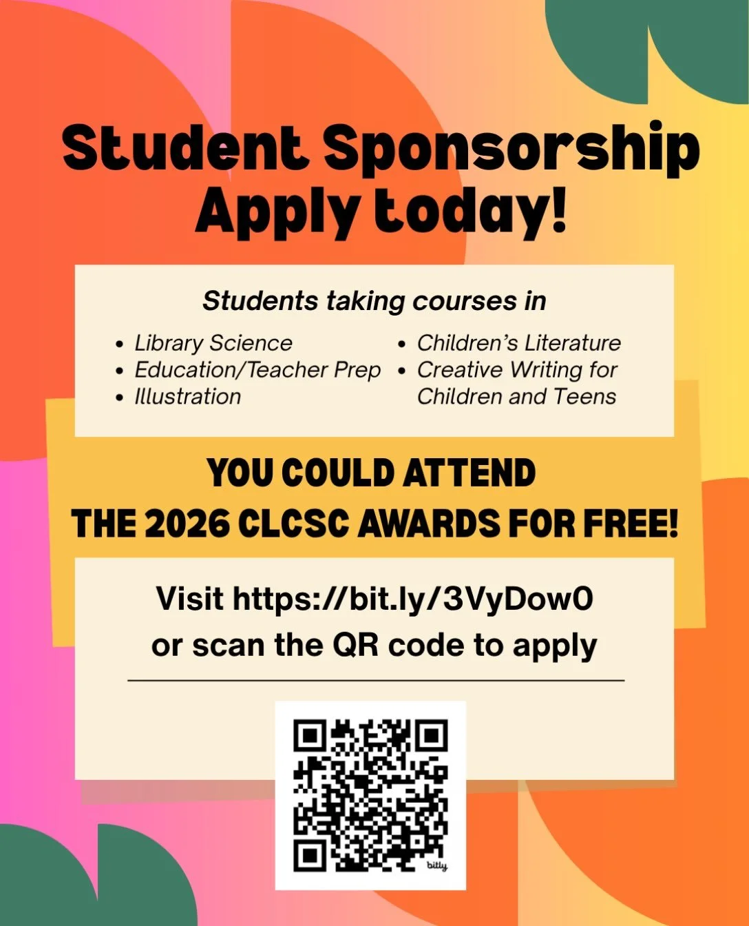 A CLCSC member is sponsoring at least 2 students to attend the 2026 CLCSC Awards. To apply, fill out the Google Form at bit.ly/3VyDow0 (or screenshot and tap the QR code above)

Deadline extended to October 29, 2026. Recipients will be notified by em