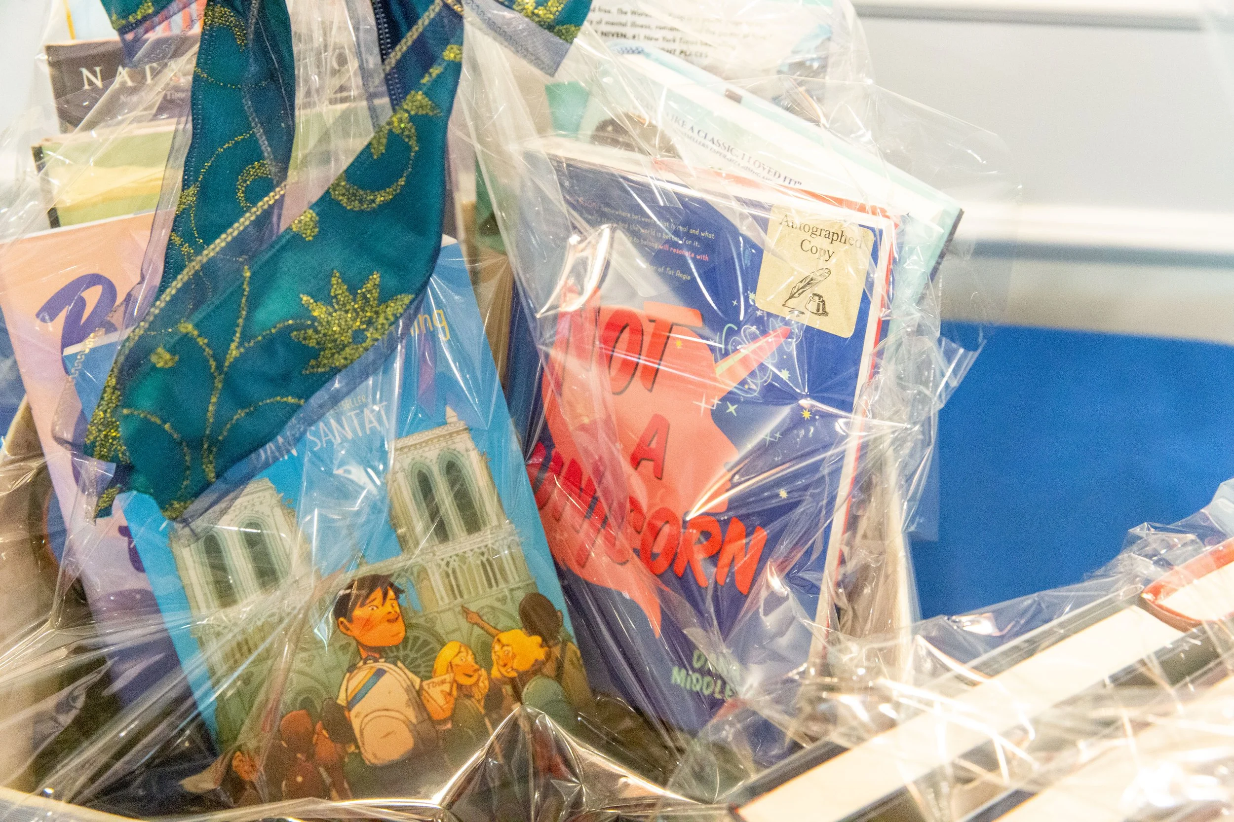 A mix of middle-grade and YA book basket for the silent auction includes titles like A First Time for Everything by Dan Santat and Not a Unicorn by Dana Middleton. (Josh Steichmann)