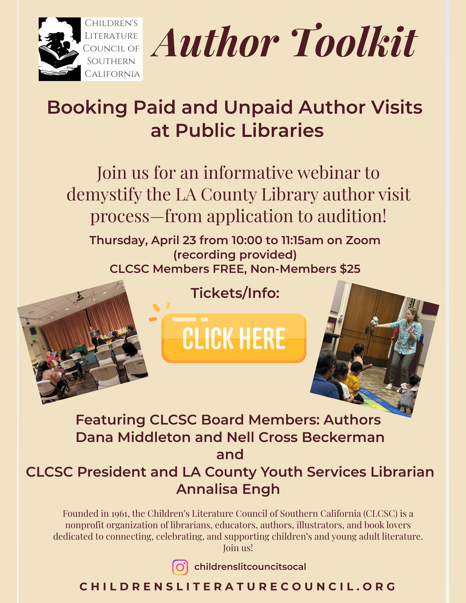 Tan- colored Graphic linking to registation link for the CLCSC Author Toolkit Event