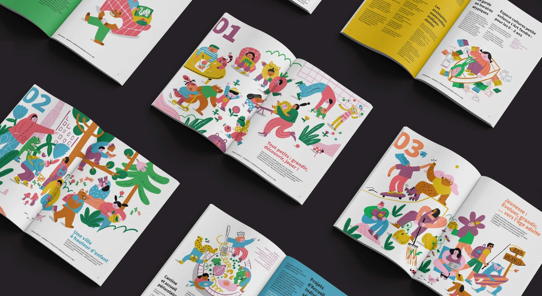 Plusieurs guide sont ouverts et posés sur une table pour montrer différentes mise en page