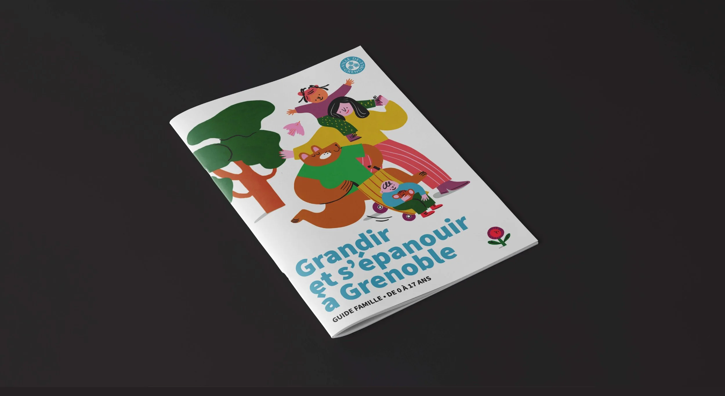 Couverture du guide famille avec une illustration d'une famille dans un parc