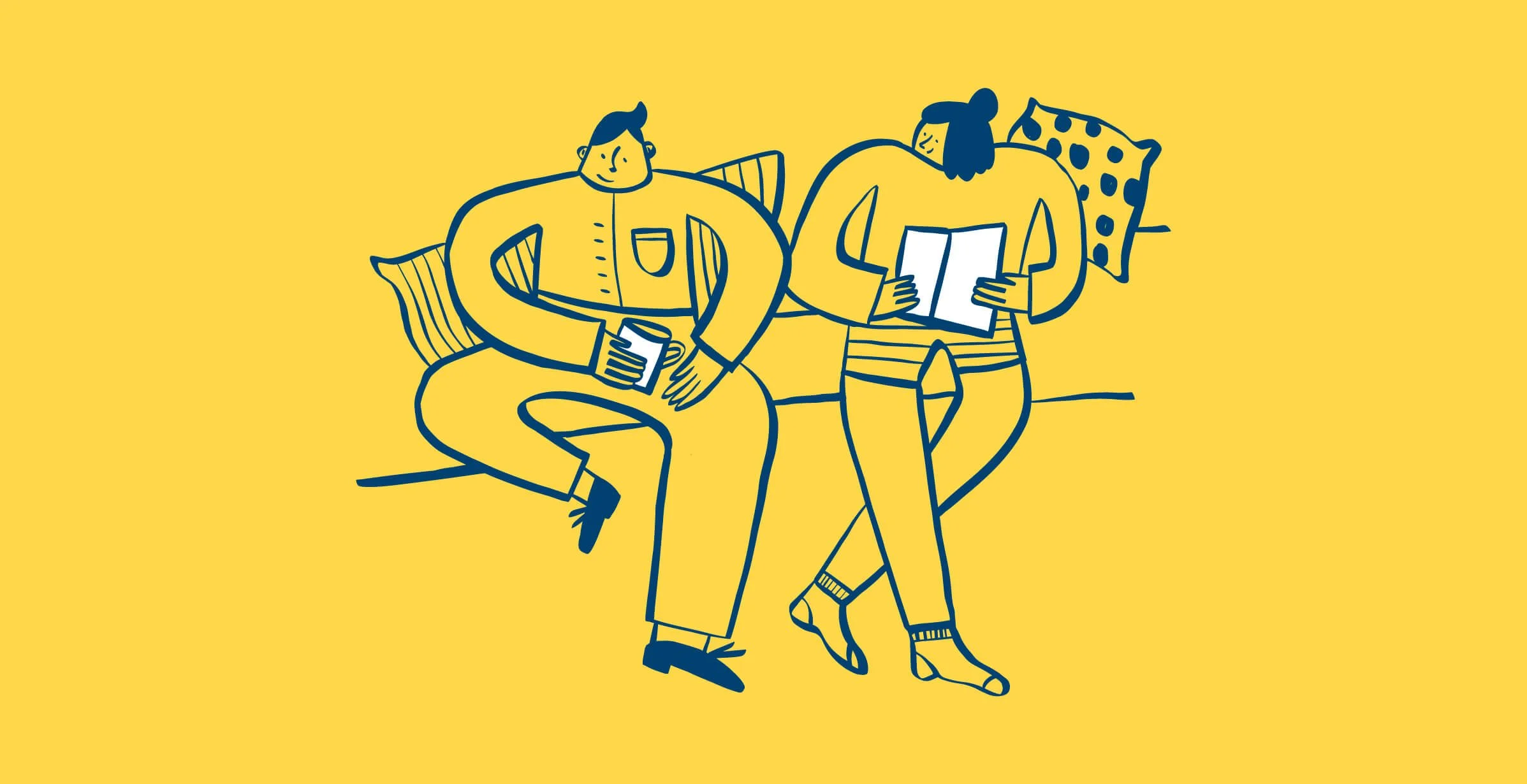 illustration de deux personnes en chaussettes qui lisent des livres dans un canapé