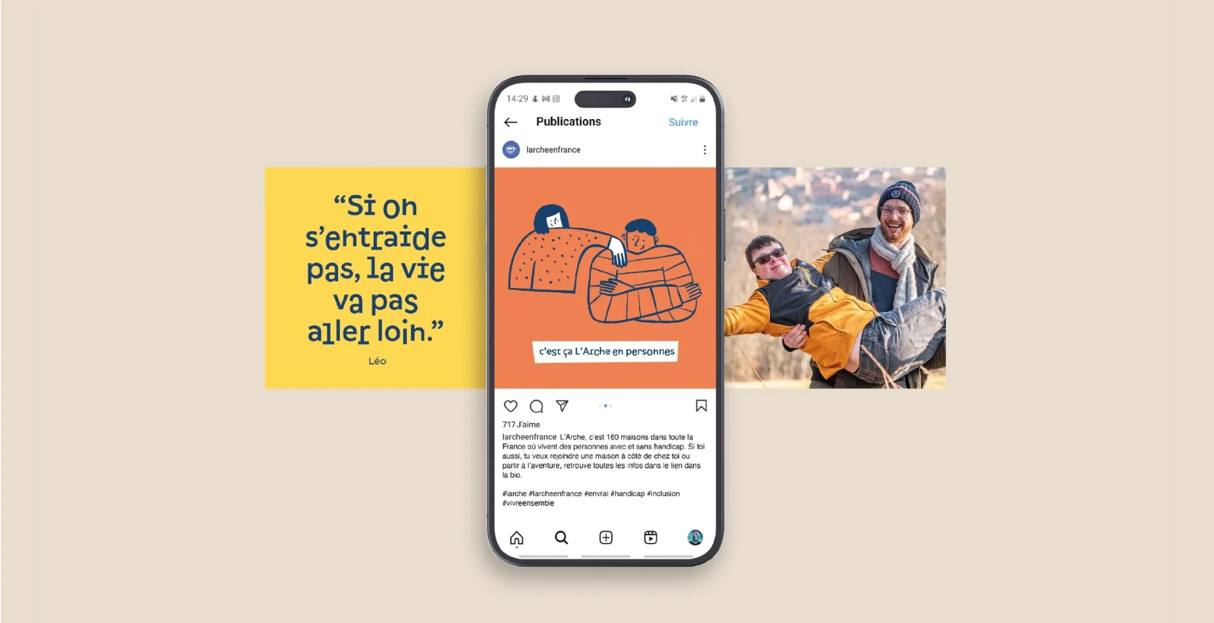 telephone avec instagram ouvert sur une publication de l'arche en france