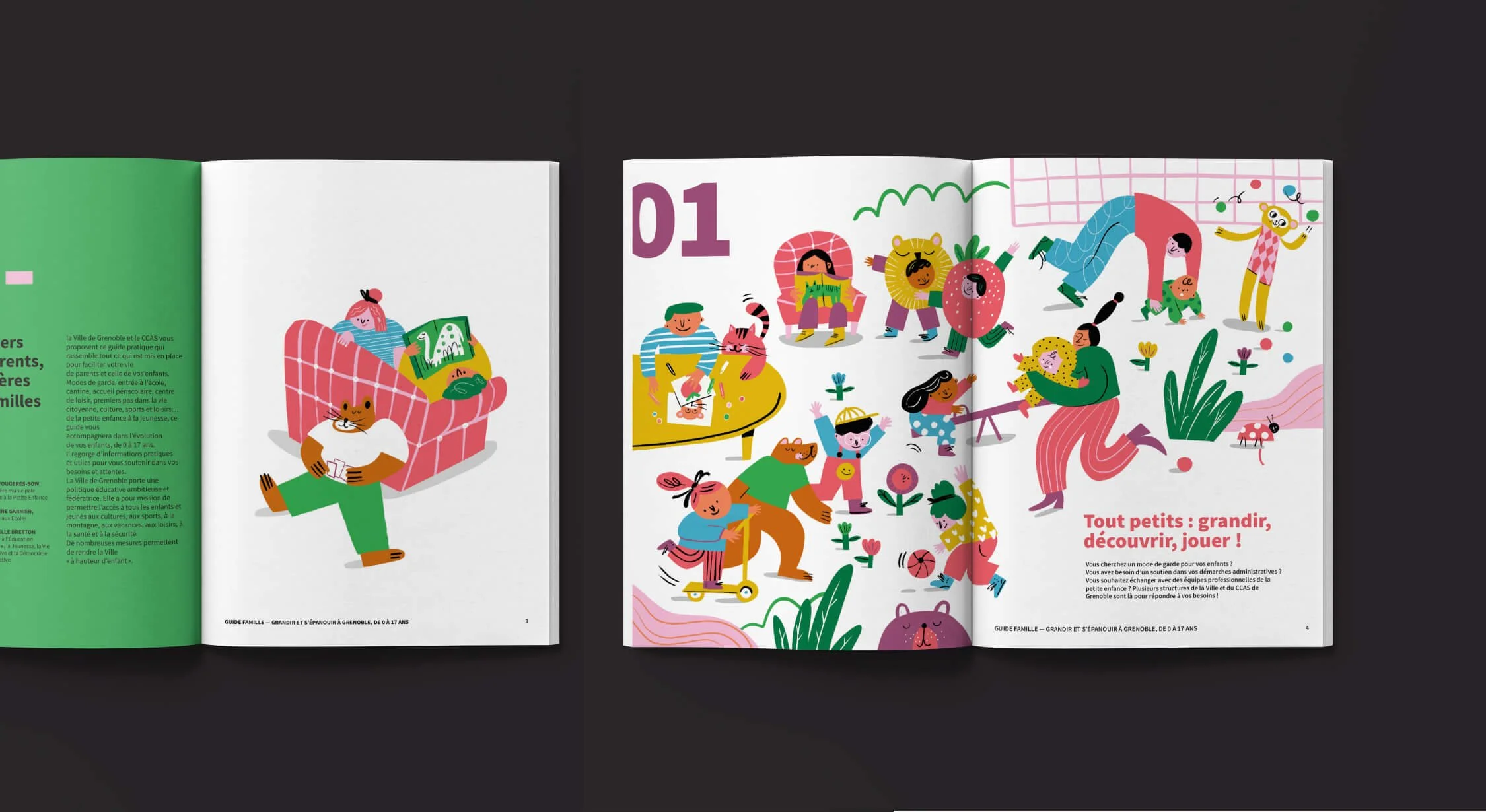 Double-page du Guide famille ouvert sur le chapitre des tout-petis avec une illustration qui représente des enfants qui jouent