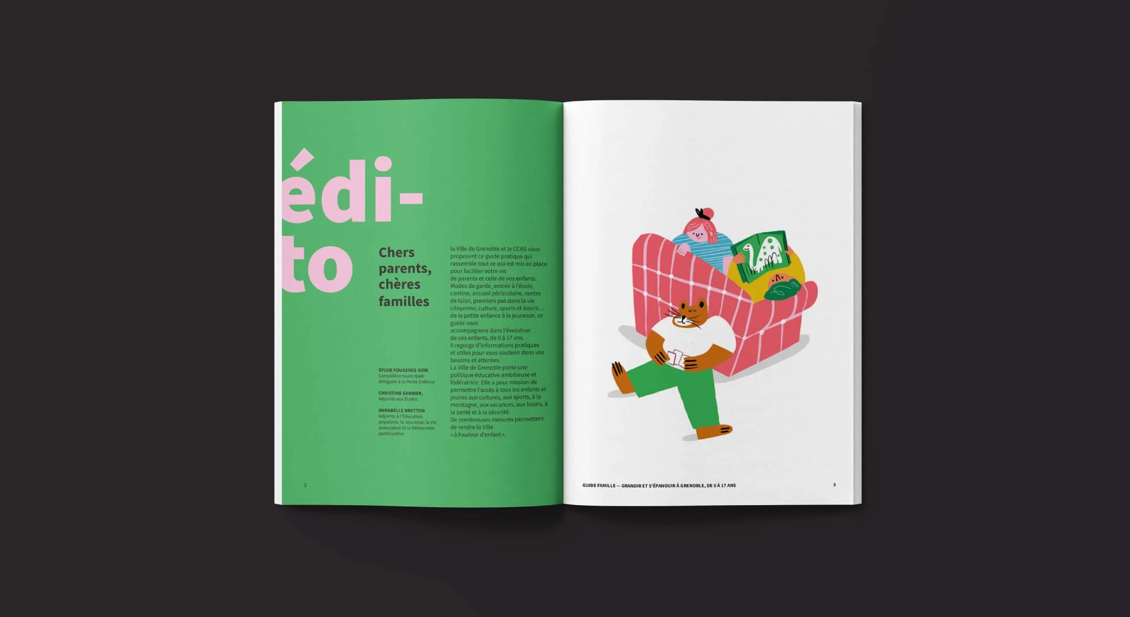 Double-page du guide famille ouvert sur l'edito à gauche et à droite une illustration d'introduction