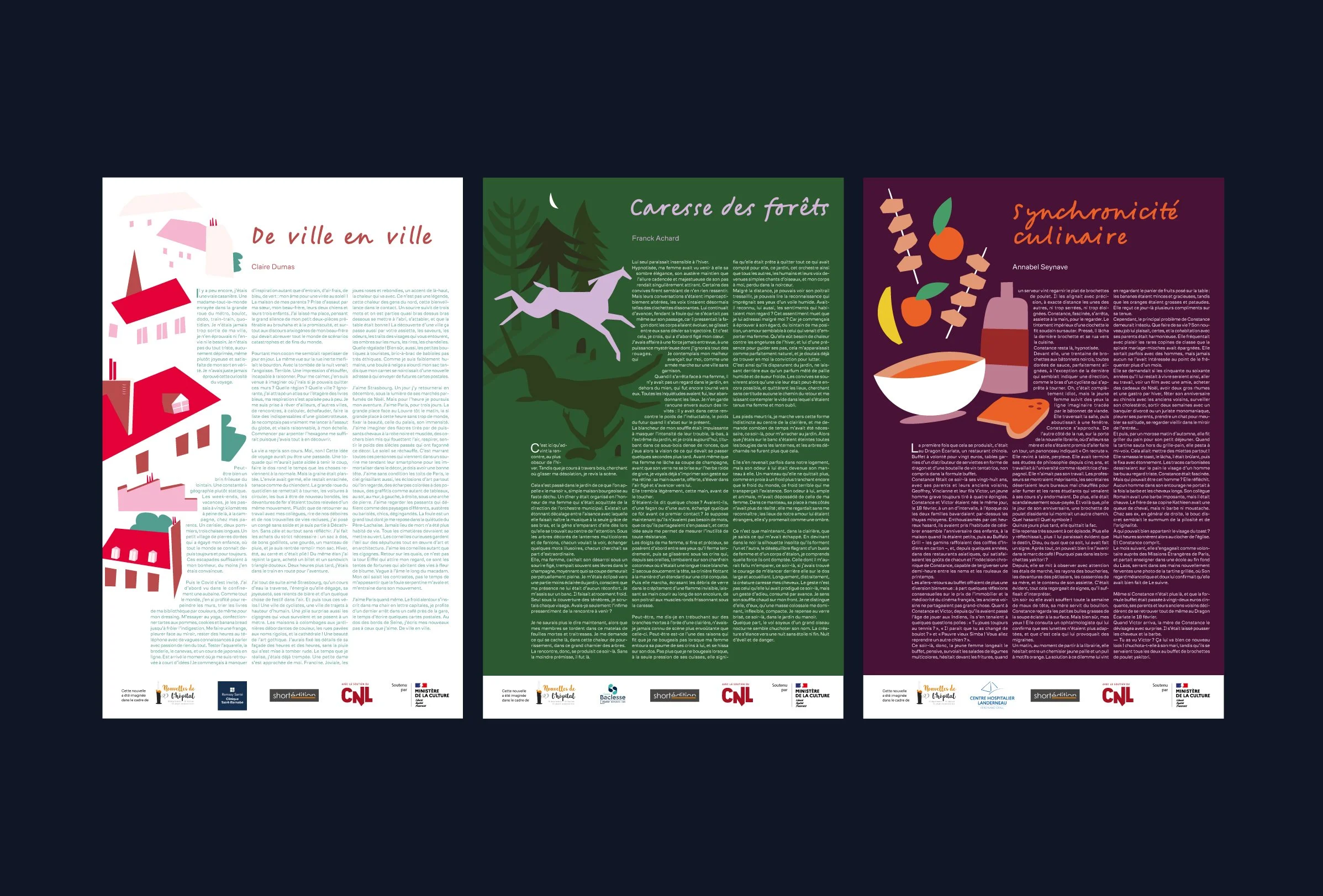 Trois affiches colorées avec des textes en français : première affiche avec illustration de maisons et 'De ville en ville'; deuxième affiche avec forêt et 'Caresse des forêts'; troisième affiche avec nourriture et 'Synchronicité culinaire'.