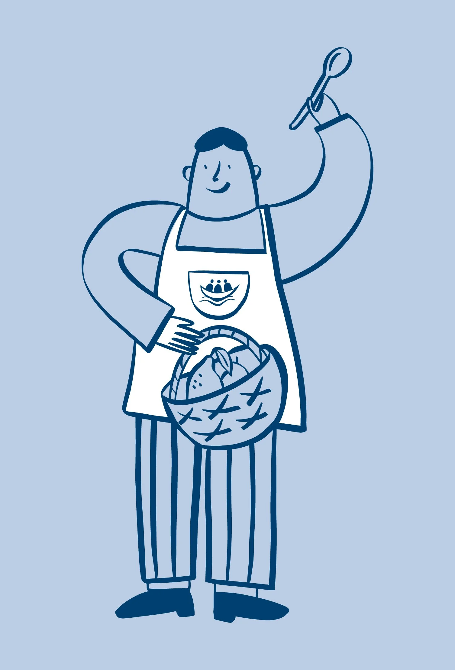 Illustration d'un bonhomme qui porte un tablier, un panier de fruits et une cuillere en bois.