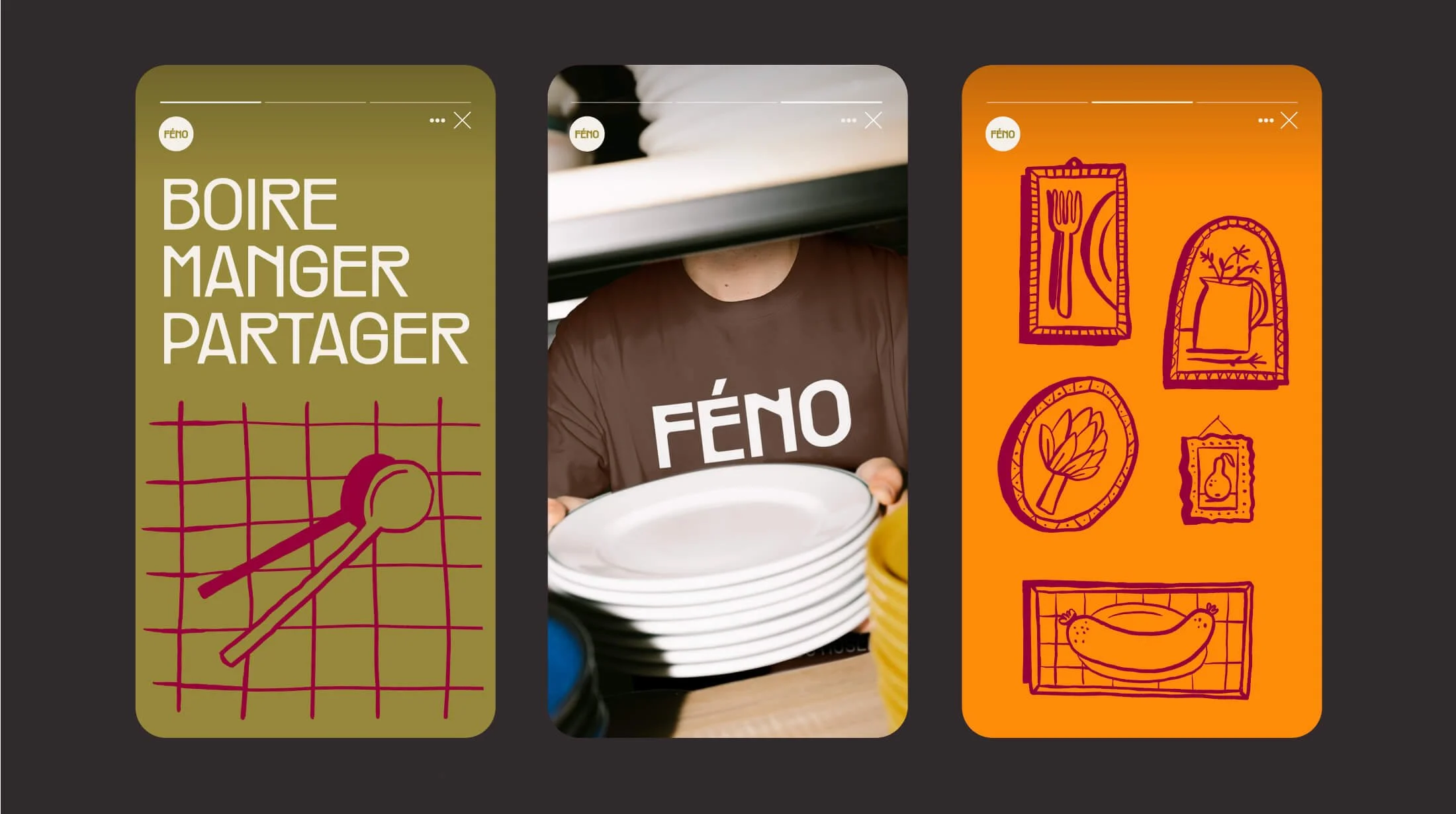 Différentes stories sur les réseaux sociaux du restaurant avec 3 écrans à l'identité visuelle du restaurant