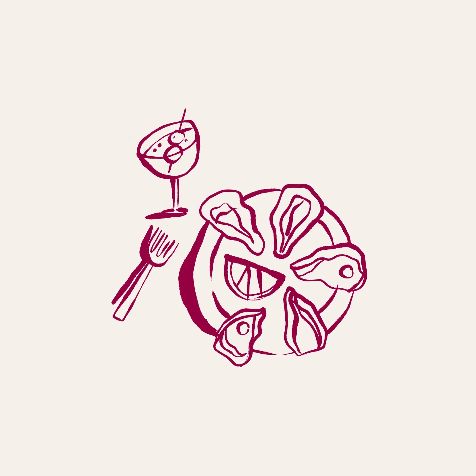 Dessins simples d'une pizza avec des morceaux de pepperoni, accompagnée d'une fourchette et d'une boisson sucrée à la paille.