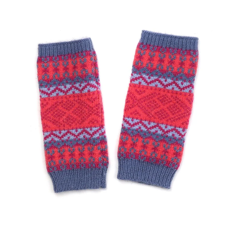 Blue and Pink Mix Fair Isle Knit wrist warmers in a wool blend