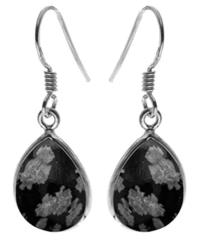 Single Large Tear Drop Earrings - Snowflake Obsidian