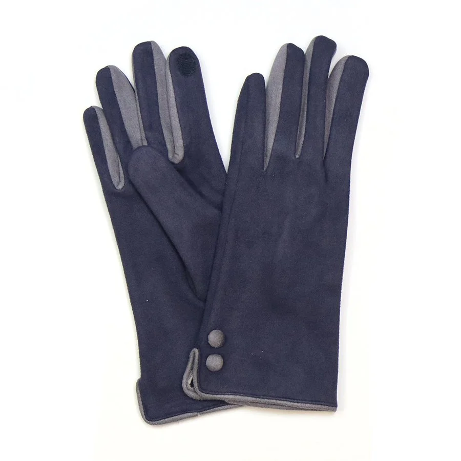 Contrast Faux Suede gloves, navy, grey. Technology enabled. Button detail. Stylish yet prectical. Great gift. Christmas