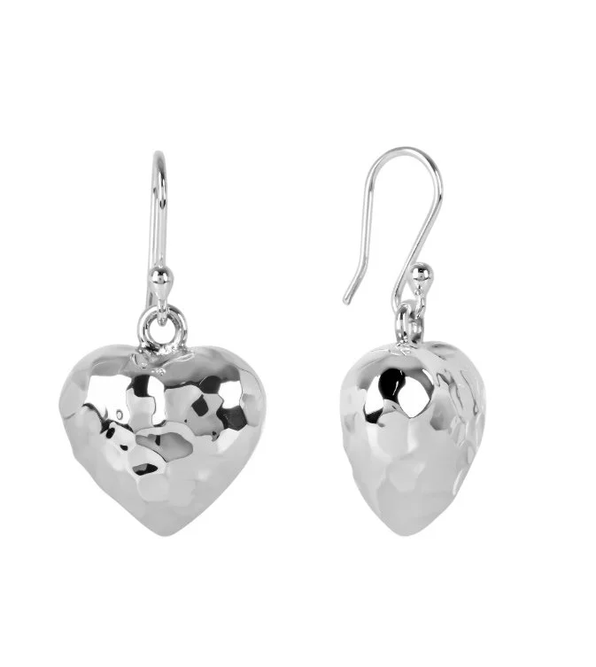Large Hammered Silver Puffed Heart Drop Earrings. Perfect birthday or valentine's day gift for wife or girlfriend.Lovely
