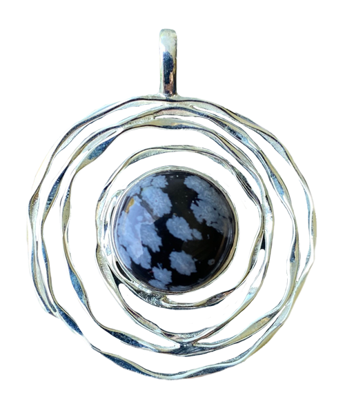 Spiral Silver and Snowflake Obsidian pendant. Perfect gift for wife or girlfriend. Looks great with a v-neck top.