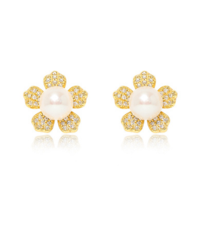 Gold-Plated Pavé Flower Pearl Studs