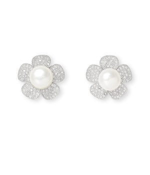 Silver Pavé Flower Pearl Studs