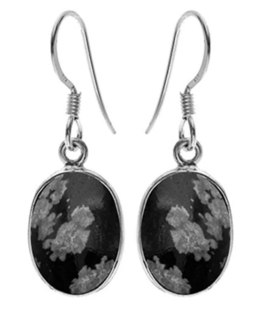 Single Large Oval Drop Earring - Snowflake Obsidian