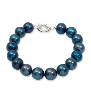 Single strand 11mm almost round peacock black pearl bracelet with sterling silver spring clasp.