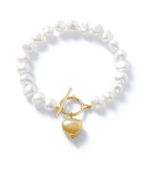 White Pearl Bracelet with Brushed Gold Heart Charm