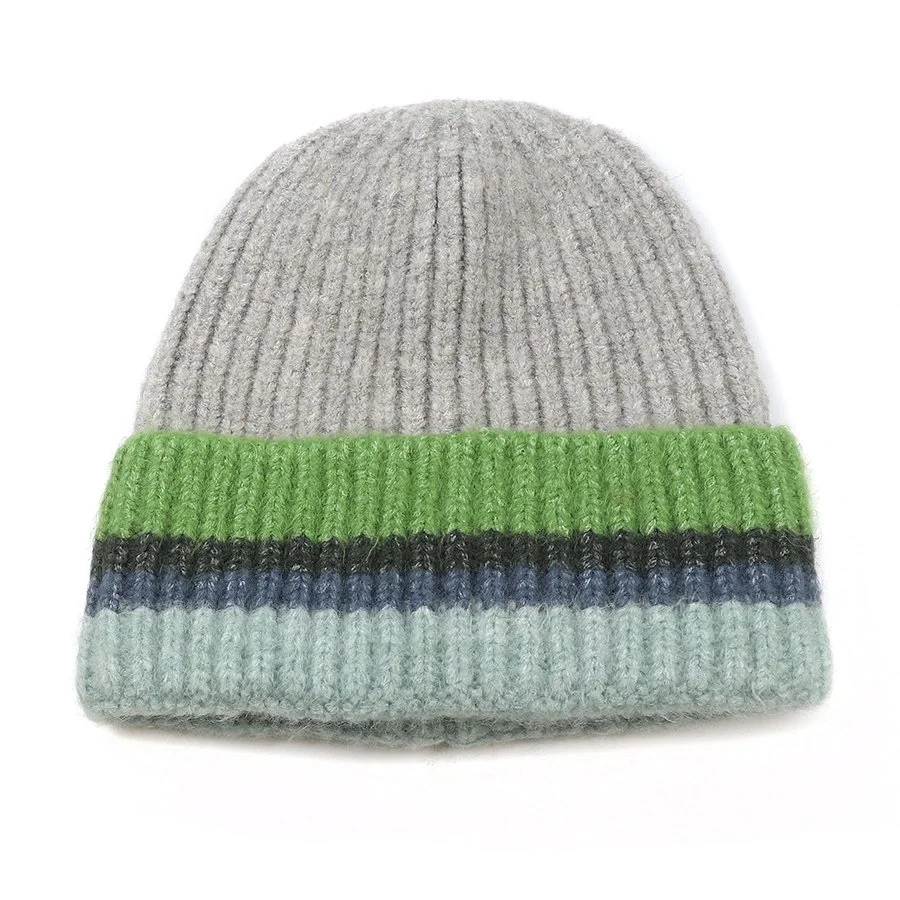 Ribbed knit beanie hat in grey,blue and green. Winter. Trendy accessory with a coat. Gift Friend or family. Christmas
