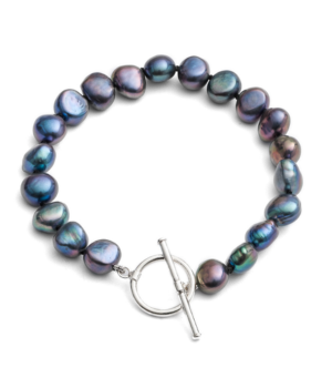 Single strand freshwater Pearl Bracelet, silver t-bar clasp. Perfect gift for wife, girlfriend, friend, dark grey
