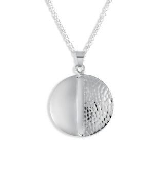 Round Hammered/Polished Silver Pendant with Open Slit. Contemporary, everyday. Ideal gift for wife, friend. Versatile