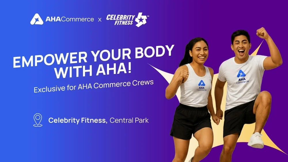 Poster kemitraan AHA Commerce dengan Celebrity Fitness Central Park