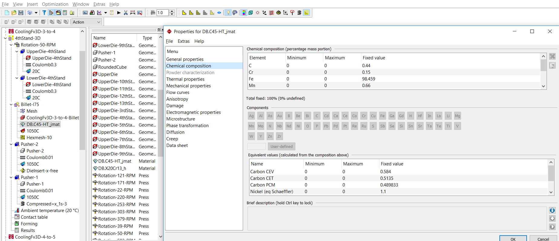 Figure 1 - Material Library of SIMUFACT.FORMING where you can enter chemical composition of the desired material.