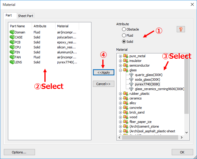 Figure 6 - There are various built-in materials in scFlow, either solids, liquid, or gases