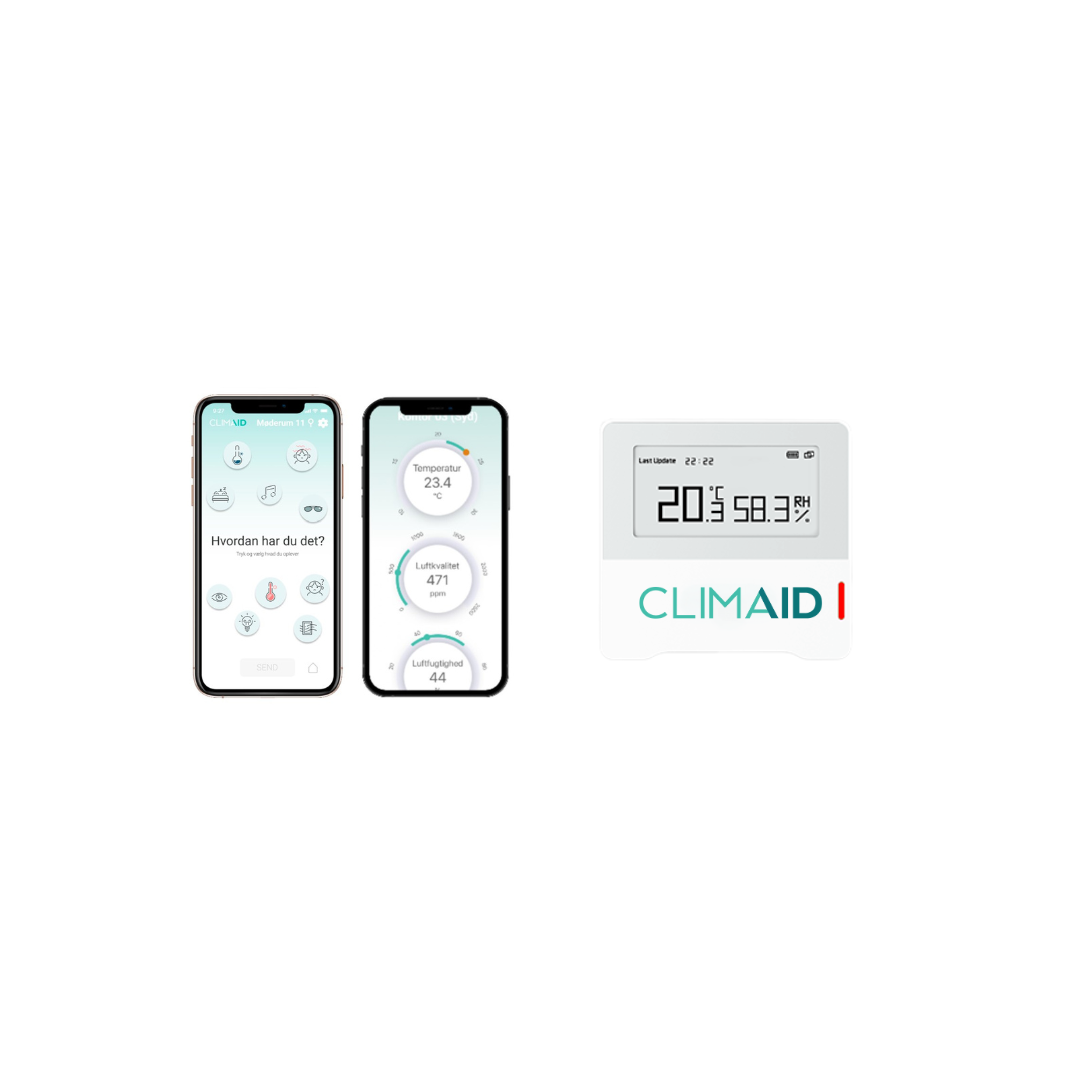 Two smartphones displaying climate monitoring apps and a digital indoor climate sensor with temperature and humidity readings. The app interface shows temperature and air quality measurements.