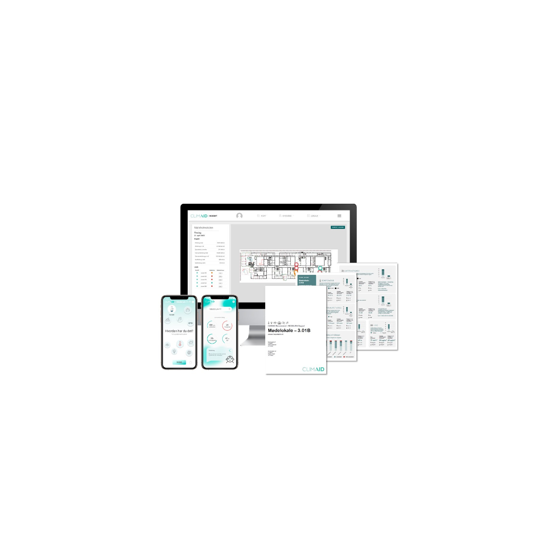 Various digital devices displaying software for data analysis and management, including a desktop computer, smartphones, and printed documents. The interfaces show graphs, charts, floor plans, and reports.