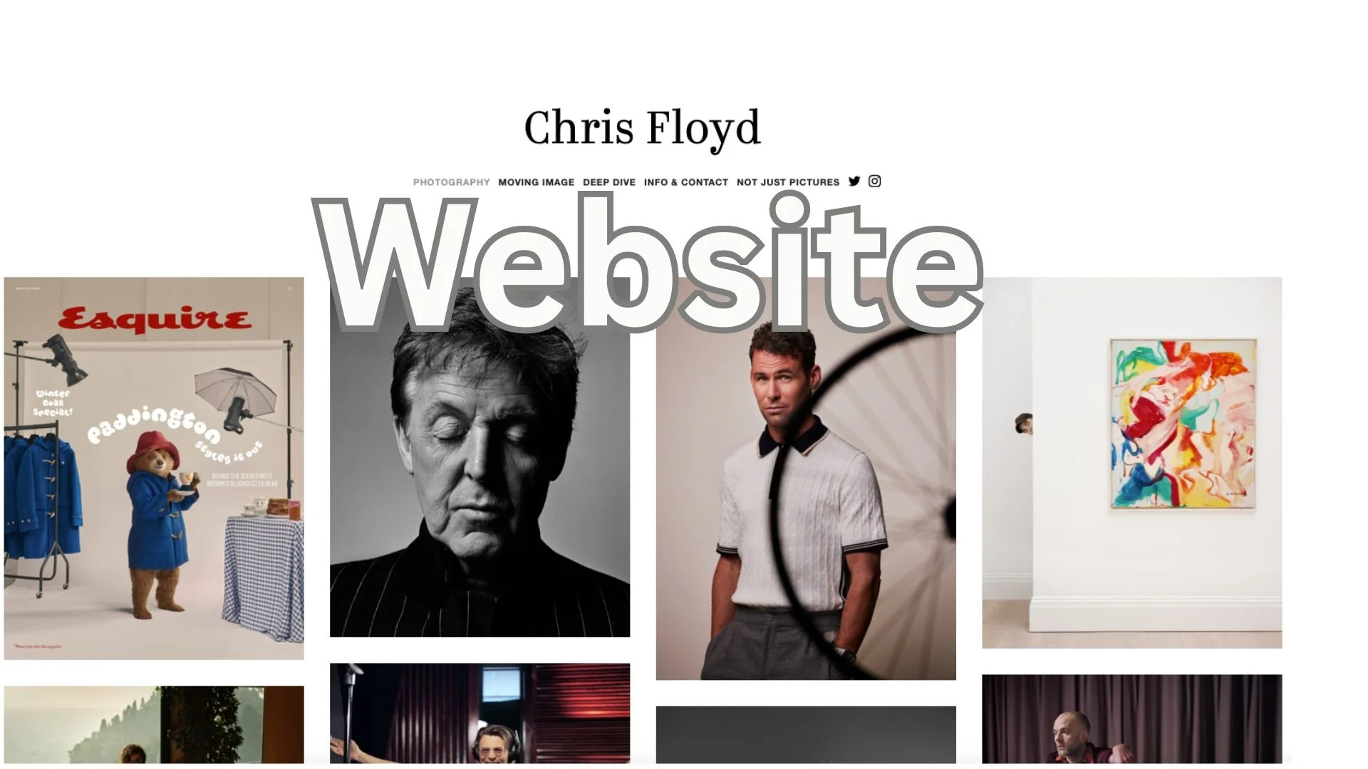 A website homepage featuring a large header with the name "Chris Floyd" and various photographs, including a black-and-white portrait of a man with eyes closed, a colorful abstract painting, and images of people and objects related to art and photography.