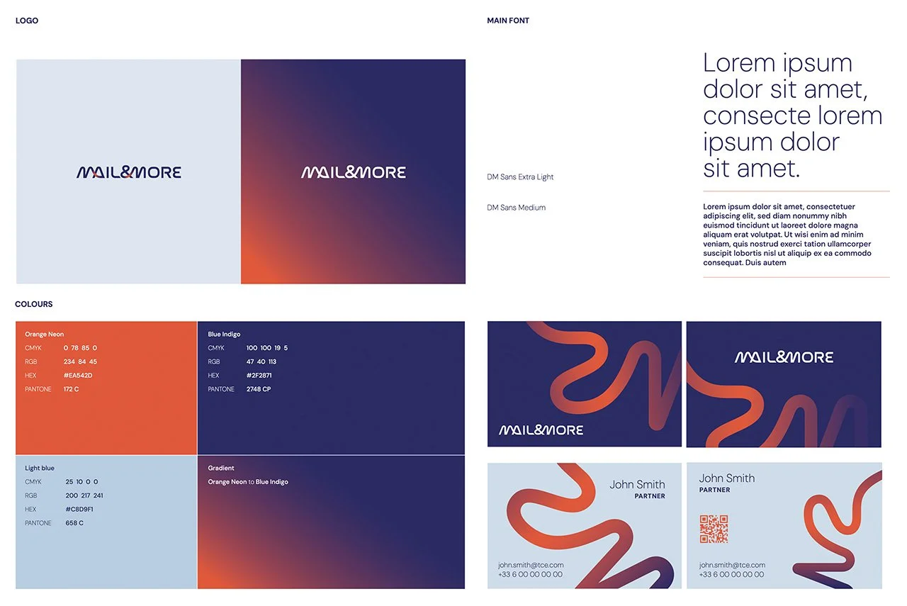 Mail & More logo, couleurs, typo, carte de visite