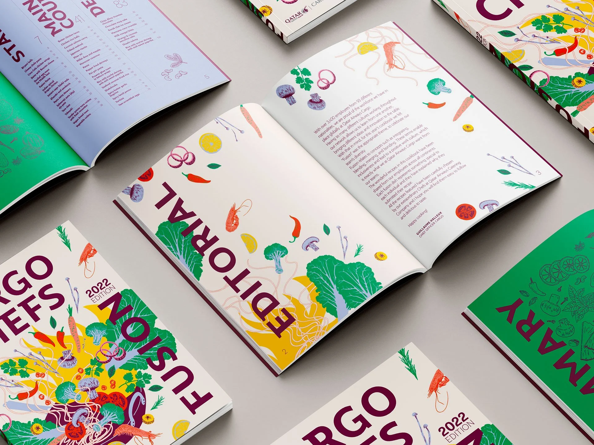 Livre de recettes Qatar Cargo Chef : maquette et illustrations