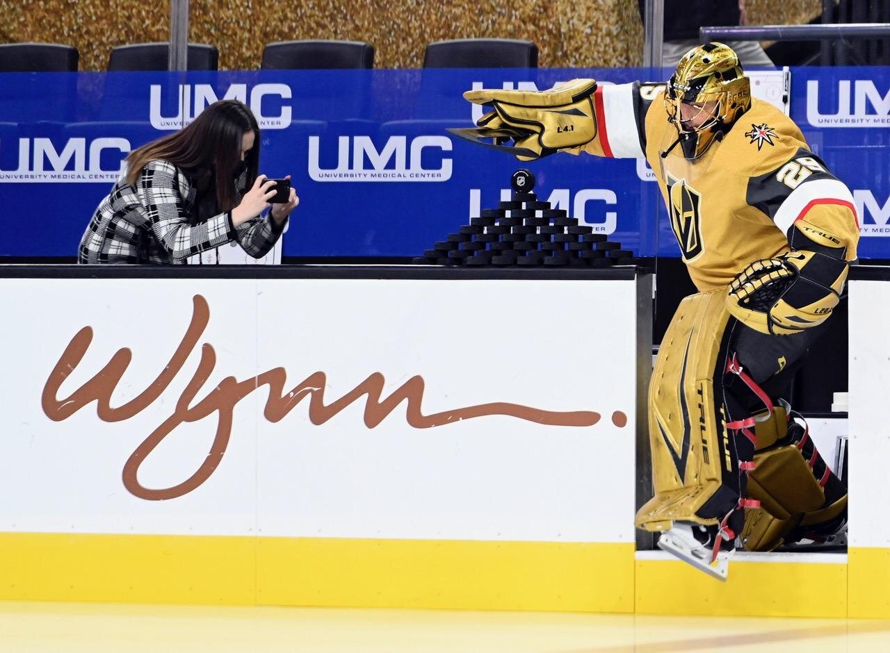 Alyssa Girardi, senior manager of communications and content for the Vegas Golden Knights, is in the right spot at the right time, to get a picture of Marc-Andre Fleury.