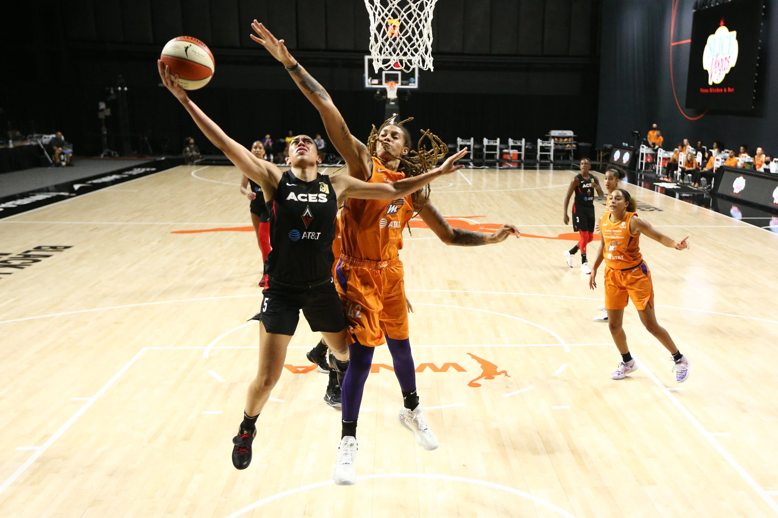 Being a full-time mother hasn't deterred Dearica Hamby from success on the court, where she's the two-time reigning Sixth Woman of the Year for the Las Vegas Aces. (Photo courtesy Las Vegas Aces, via Getty Images, by Ned Dishman)