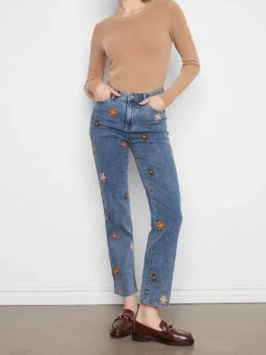 Charlie B Straight Leg Floral Embroidered Pants with Elastic Waistband in medium Blue