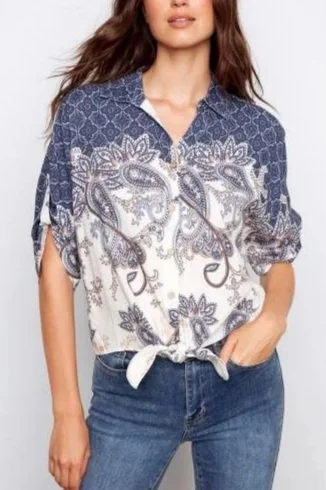 Charlie B Denim Printed Tie-Front Button Down Blouse