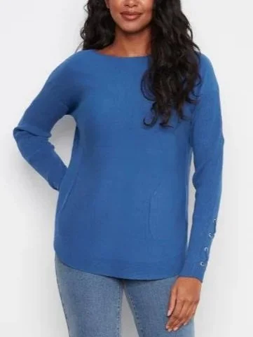 Charlie B Long Sleeve Rounded Hem Boat Neck Sweater with Front Pockets and  Sleeve Lacing in Cobalt