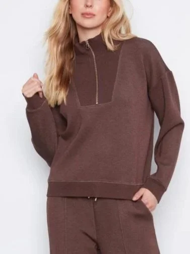 Charlie B Long Sleeve Half Zip High Collar Sweatshirt in Espresso