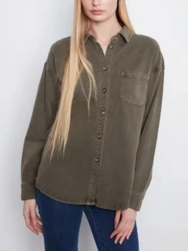Charlie B Smooth Twill Long Sleeve Overshirt with Chest Pocket in Moss