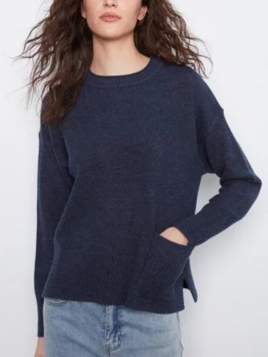 Charlie B Crew Neck Drop Shoulder Cropped Sweater with Pocket in Heather Denim