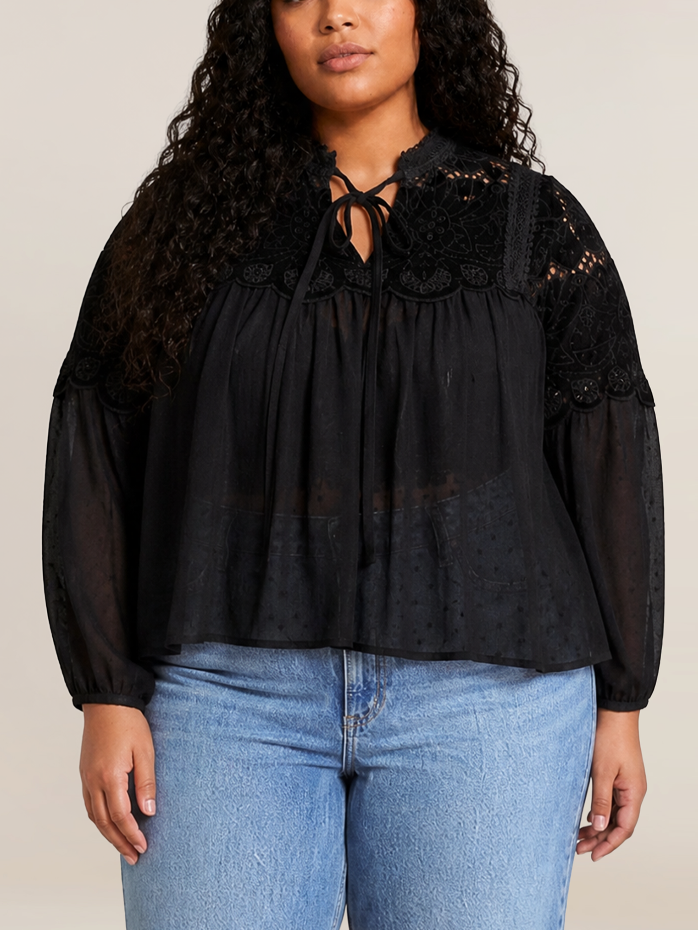 Dex Plus Sheer Lace Blouse in Black