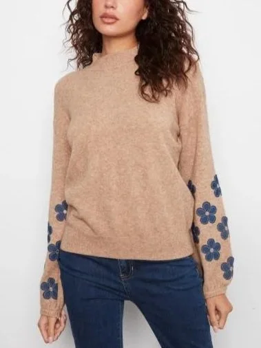 Charlie B Mock Neck Sweater with Sleeve Flower Patches in Truffle