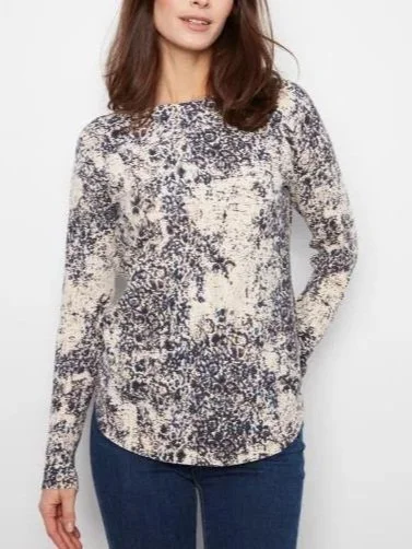 Charlie B Long Sleeve Drop Shoulder Printed Boat Neck ROunded Hem Sweater with Pockets in Seraphine