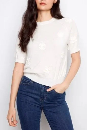 Charlie B White Reglan Sweater with Flowers Soutache Detail