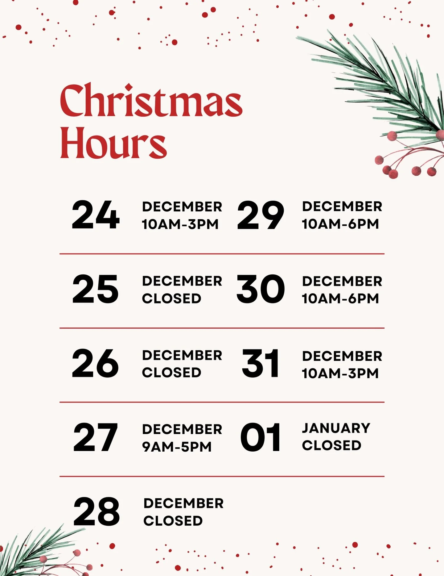 With Christmas just a few days away, we have an update to our hours for the rest of the season❗️

Days to make note of:

✨December 24th 10AM-3PM 
✨December 25th CLOSED
✨December 26th CLOSED
✨December 31st 10AM-3PM 
✨January 1st CLOSED 

NOTE: all pre